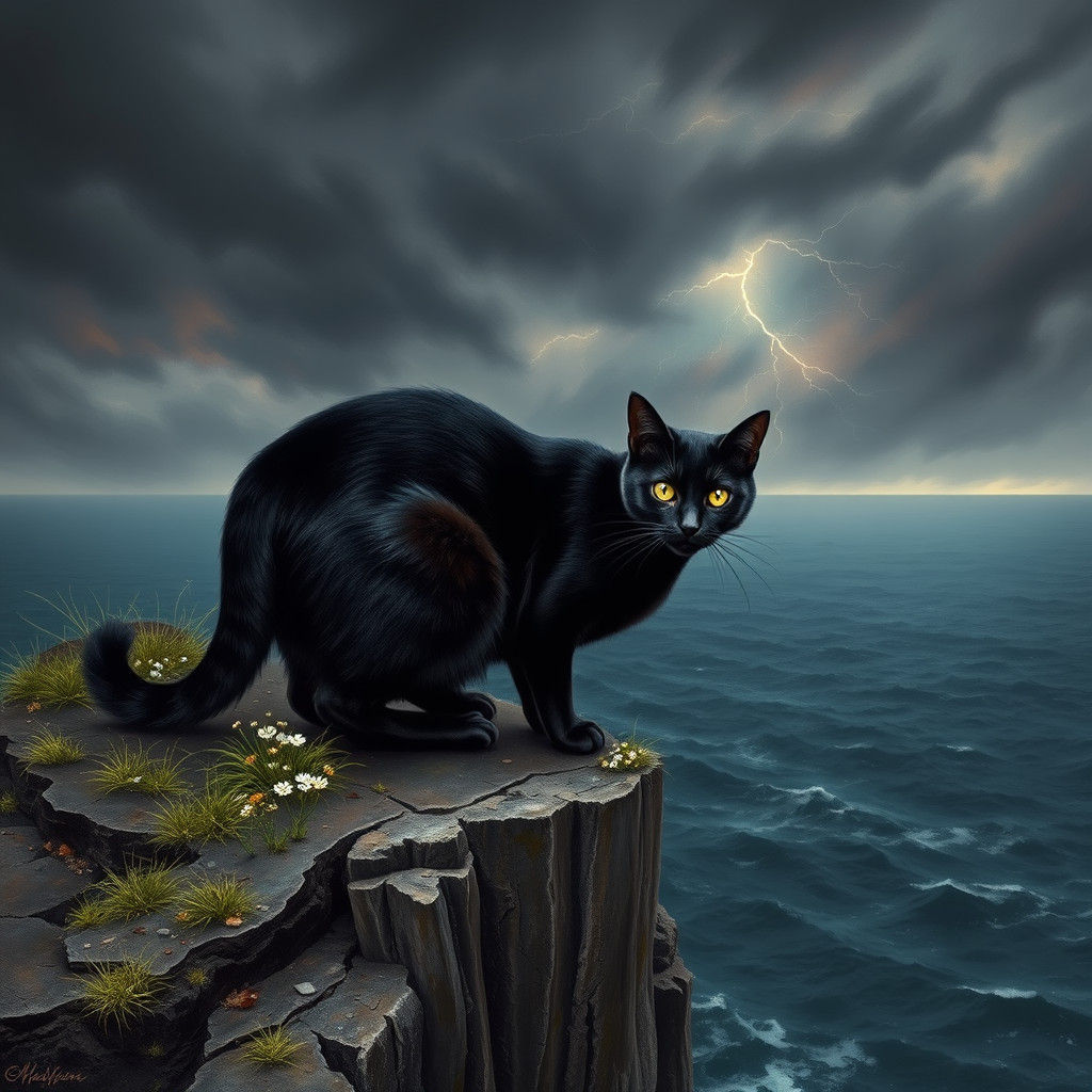 Black Cat Contemplates Stormy Ocean Horizon