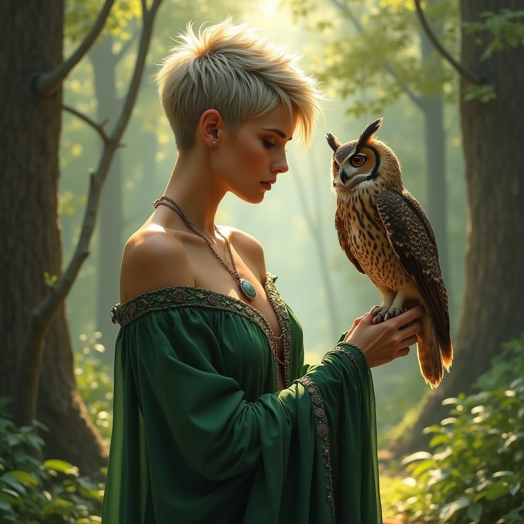 Serene Druidess Connects with Nature in Forest Glade