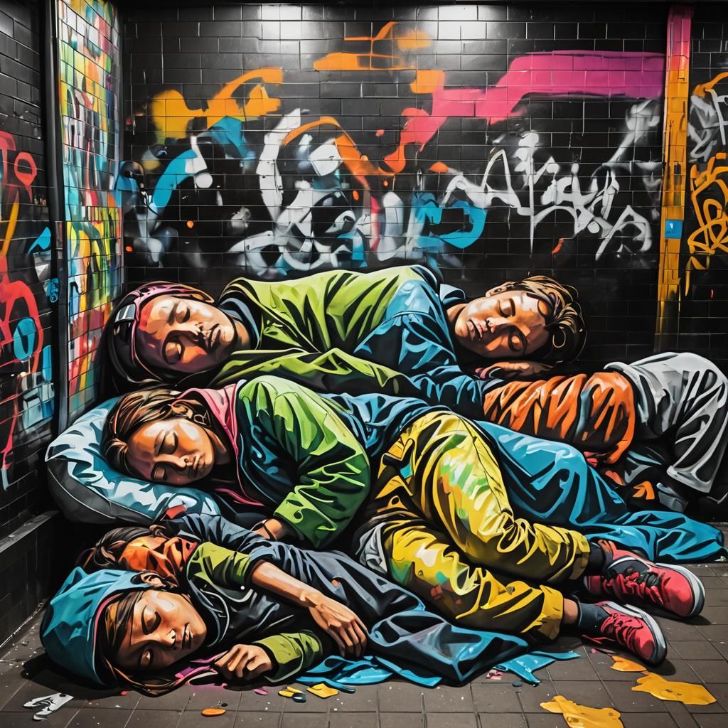 Vibrant Street Art of People Sleeping in Subway