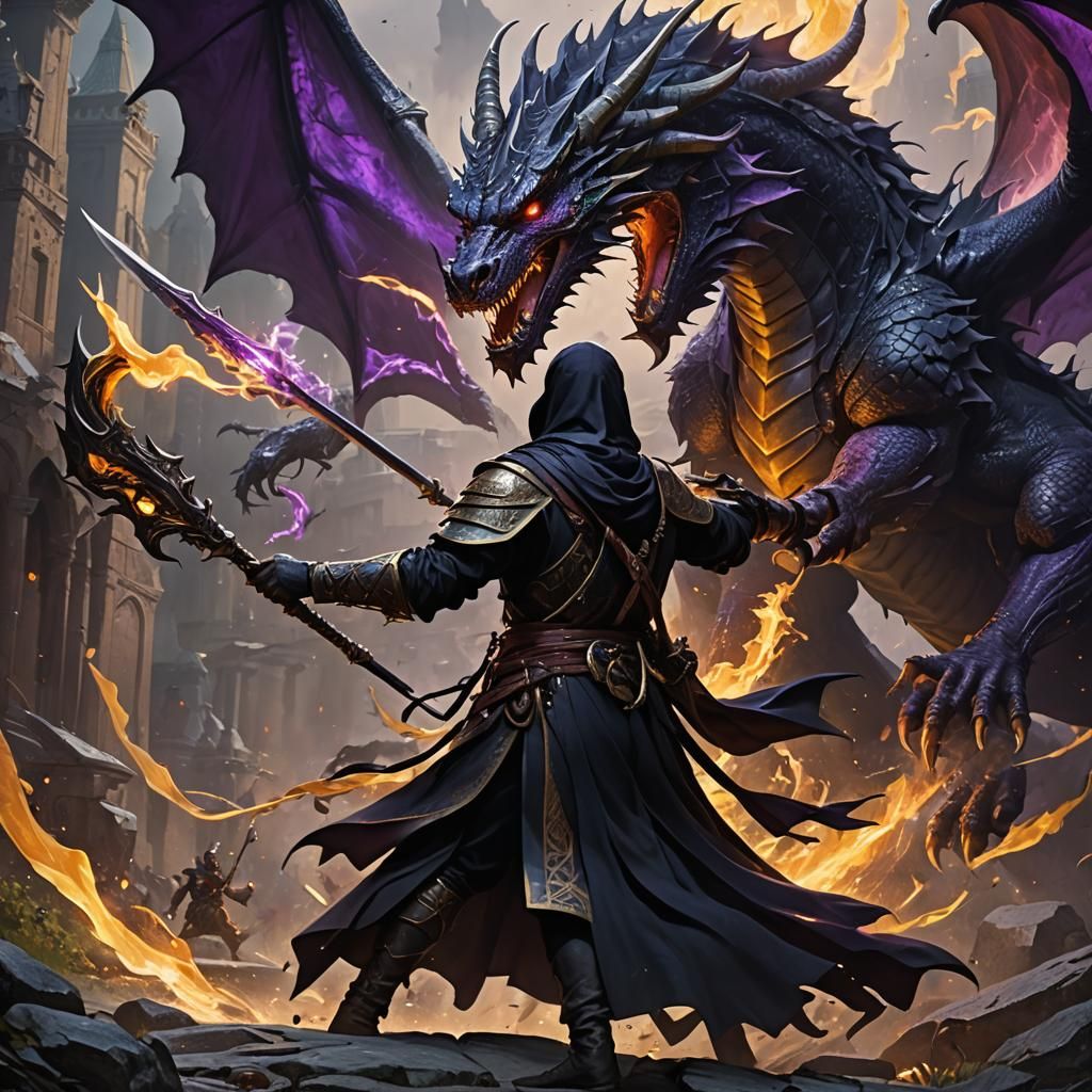 Warrior and Dragon Fight in Dark Fantasy Style