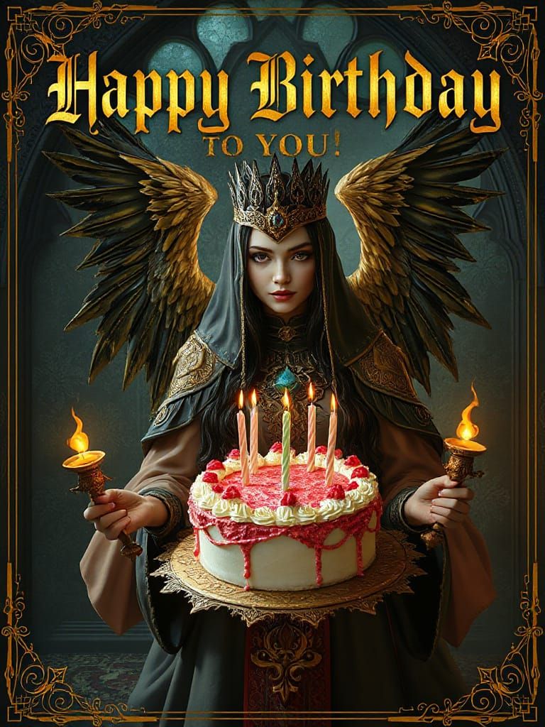 Fantasycore Birthday Card with Woman and Cake