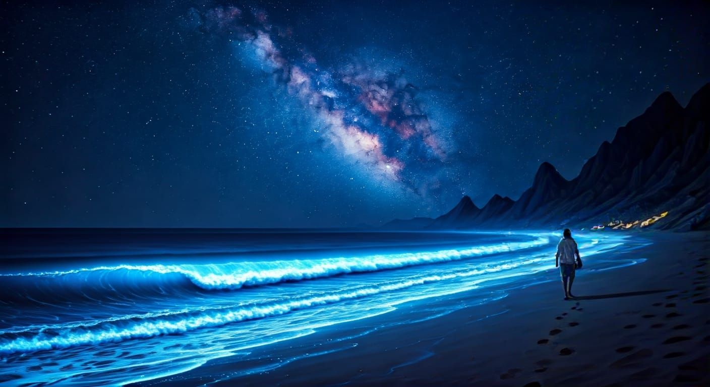 Bioluminescent Beach at Night Under Starry Sky