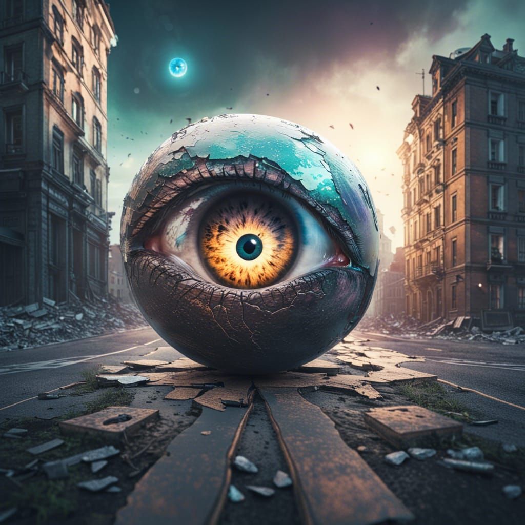 Galaxy Reflected in Eye Amid Apocalyptic City