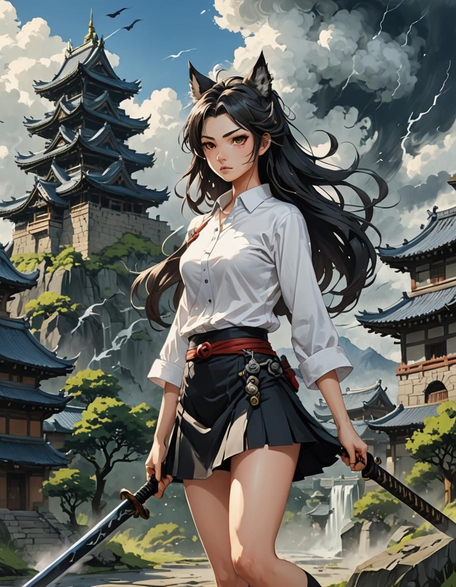 Wolf Girl Samurai in Anime Style