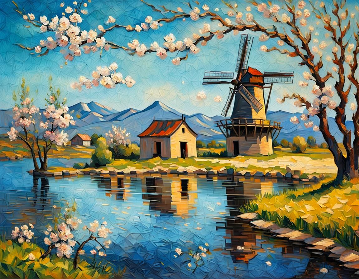 Almond Blossoms and Windmill in Post-Impressionistic Style