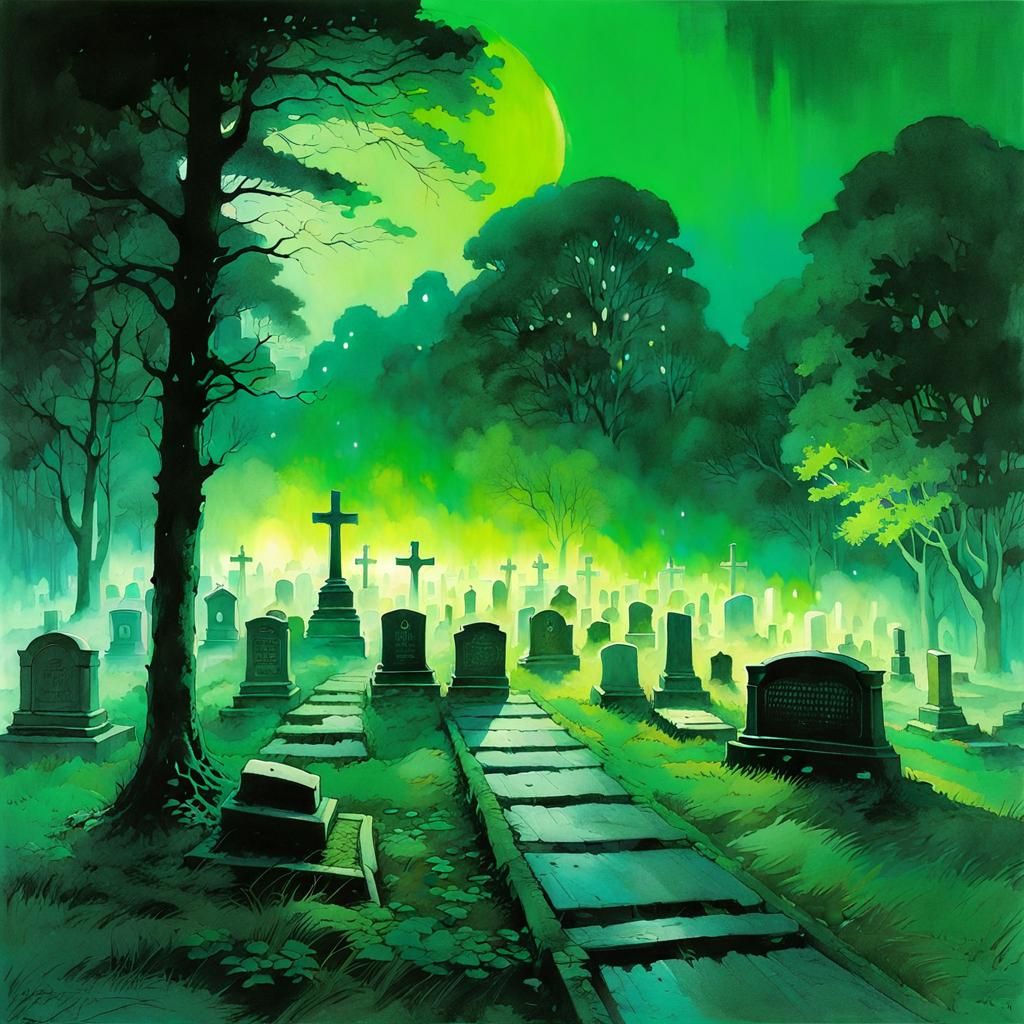 Eerie Cemetery Scene in Vibrant Watercolor Painting