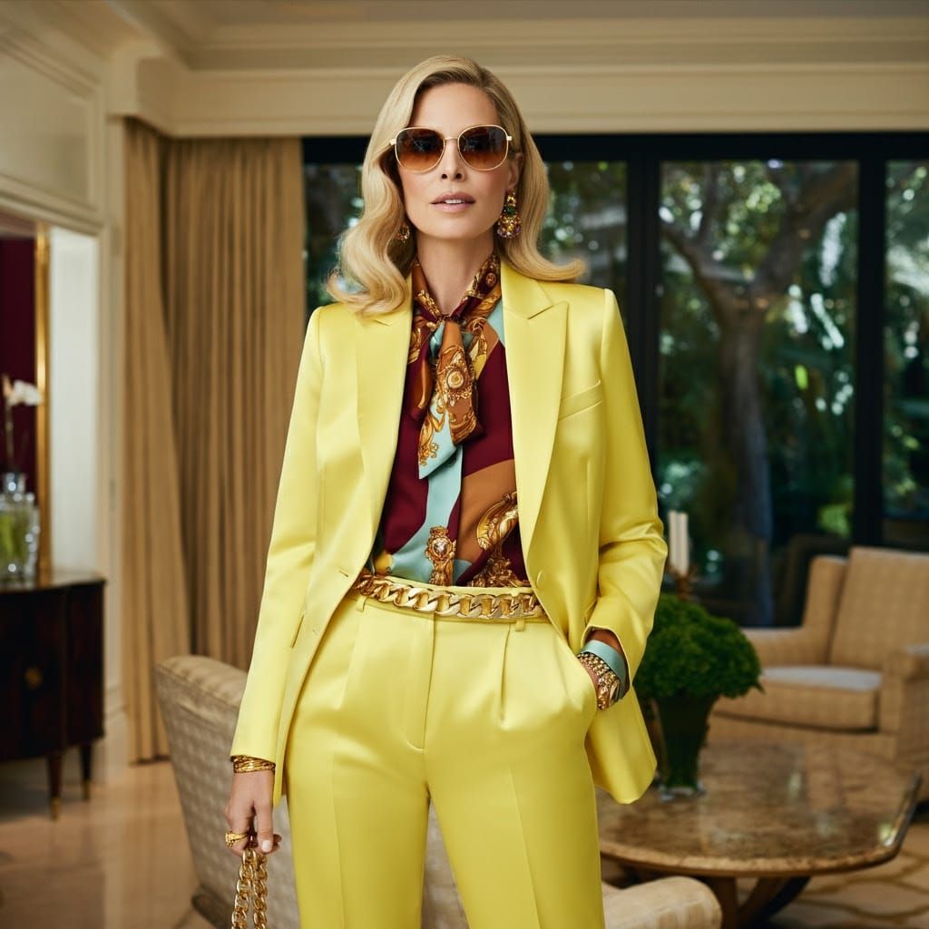 Glamorous Woman in Bold Yellow Suit with Rich Jewel Tones