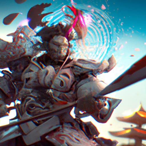 Oni Samurai with Katana and Japanese Flag