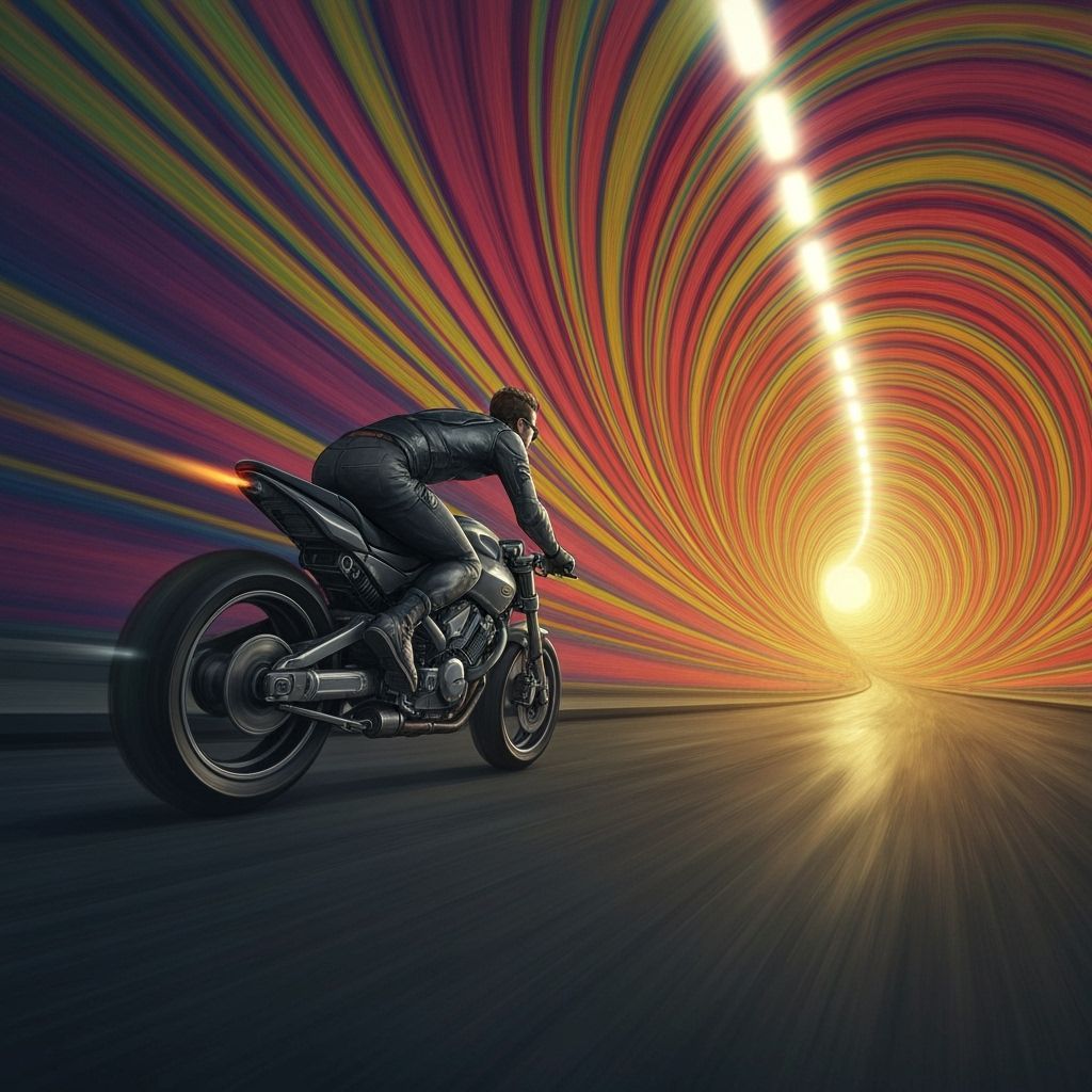 Futuristic Man on Hover-Cycle in Psychedelic Tunnel