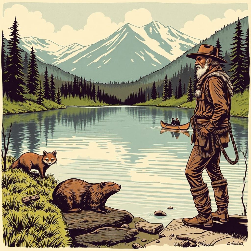 American Frontiersman in Primitive Printmaking Style