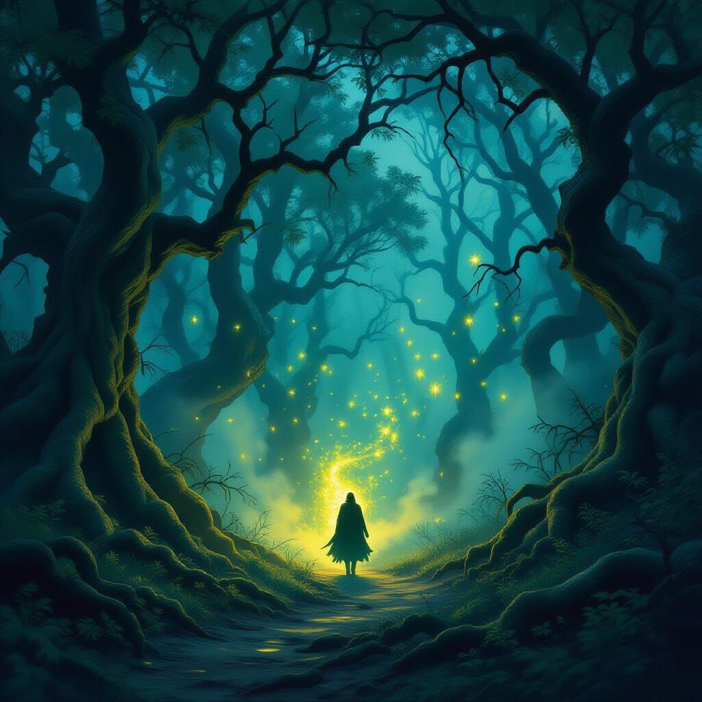 Phantom Fireflies Guide Lost Soul Through Haunted Forest