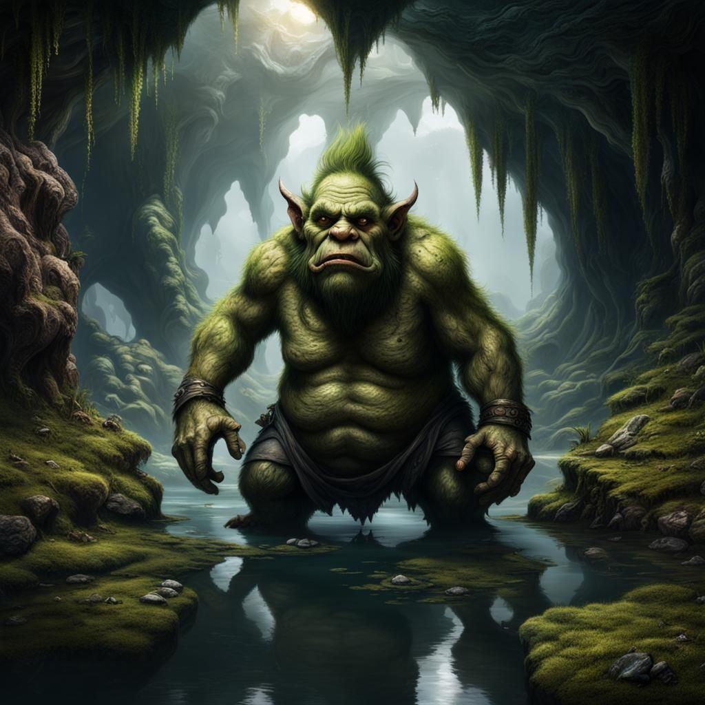 Cave Troll in Mossy Grotto: Digital Matte Painting