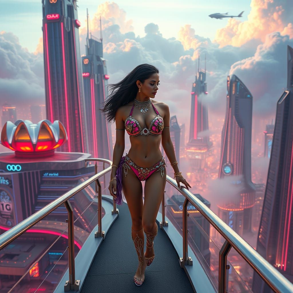 Futuristic Indian Woman in Sky City, Syd Mead Style