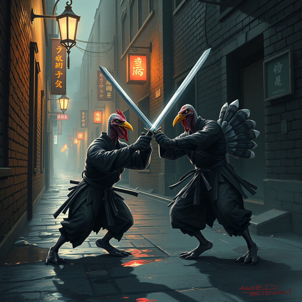 Ninja Turkeys Duel in Gritty Alleyway