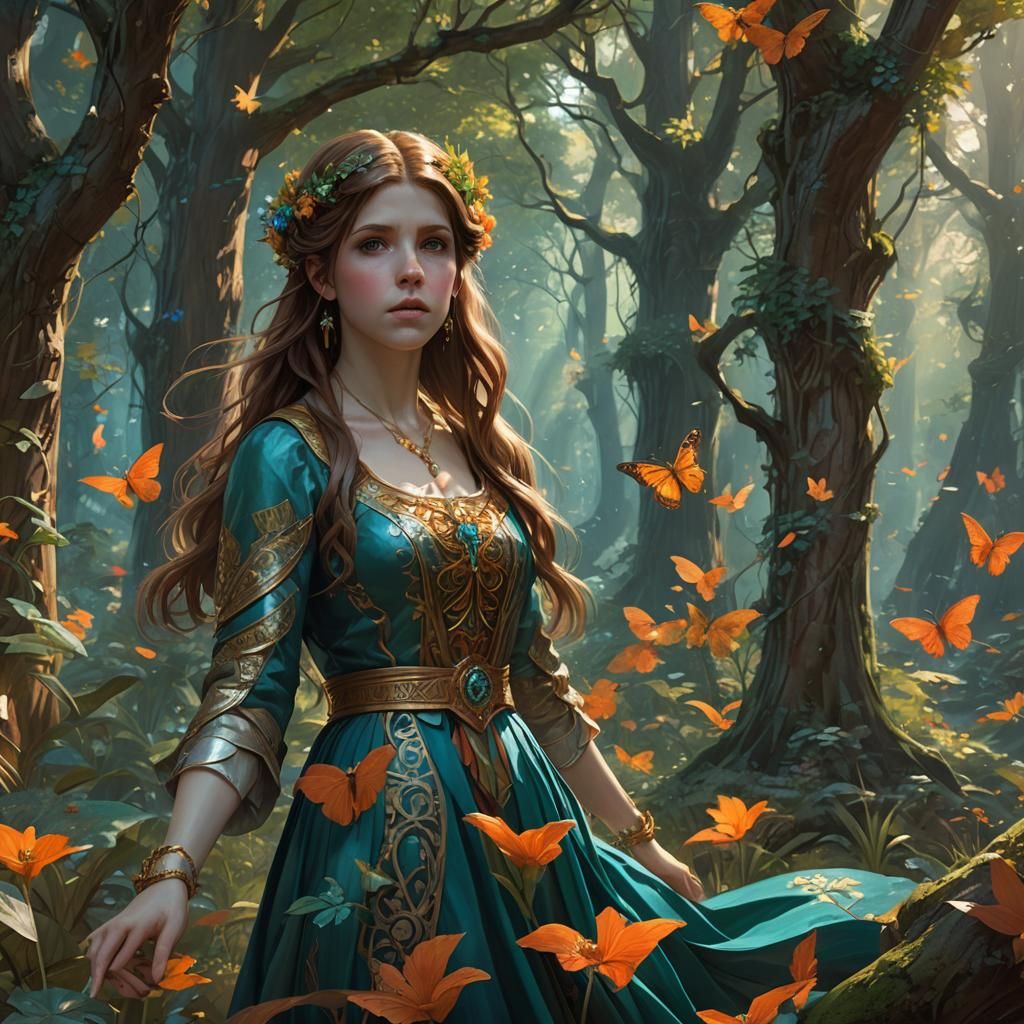 Anna Kendrick in Enchanted Forest, Pre-Raphaelite Style