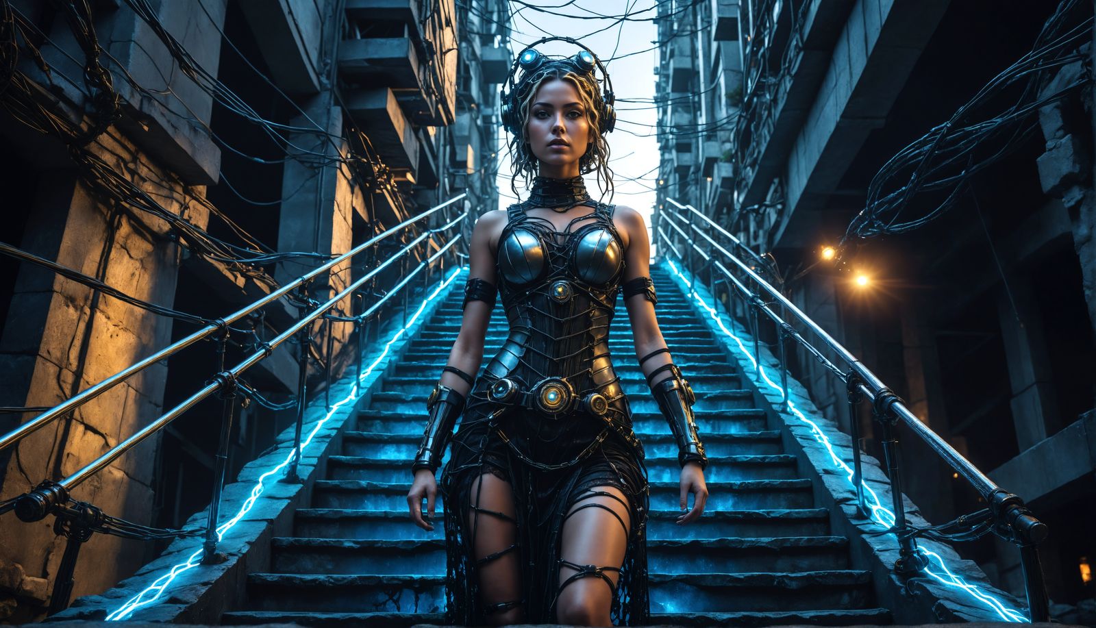 Biopunk Cyborg Descends Steps at Sunrise