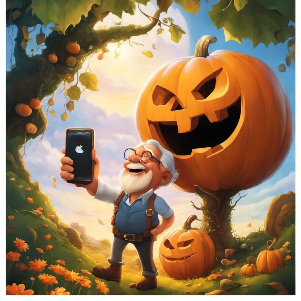 Joyful Old Man Selfie with Giant Pumpkin Man