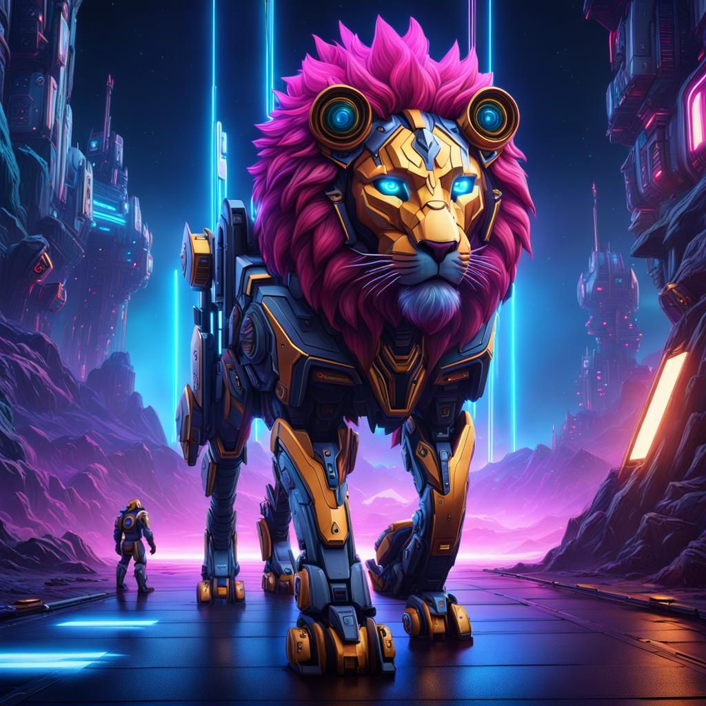 Neon Lion Mecha in Space: Detailed Digital Painting