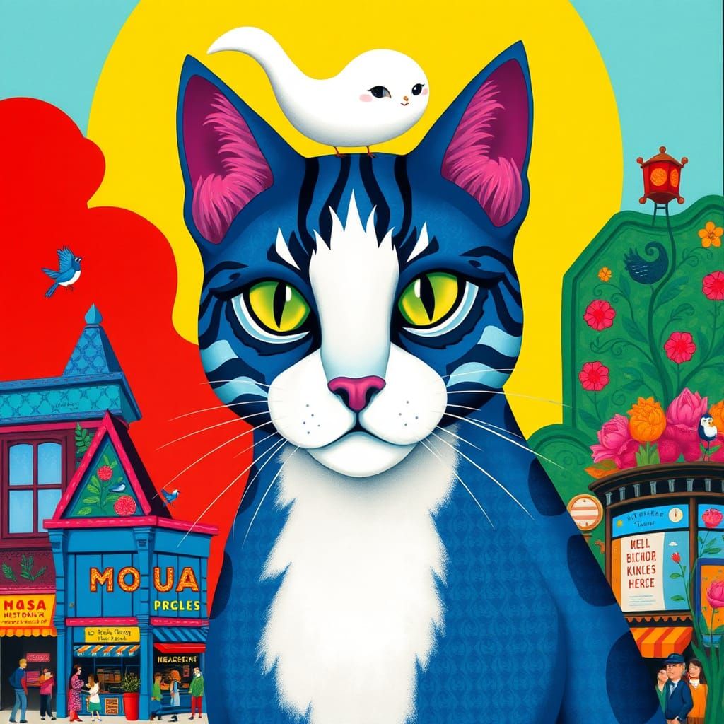 Stylized Blue Cat Overlooking a Vibrant Cityscape