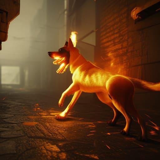 Fiery Dog in 3D Game Cinematic Style