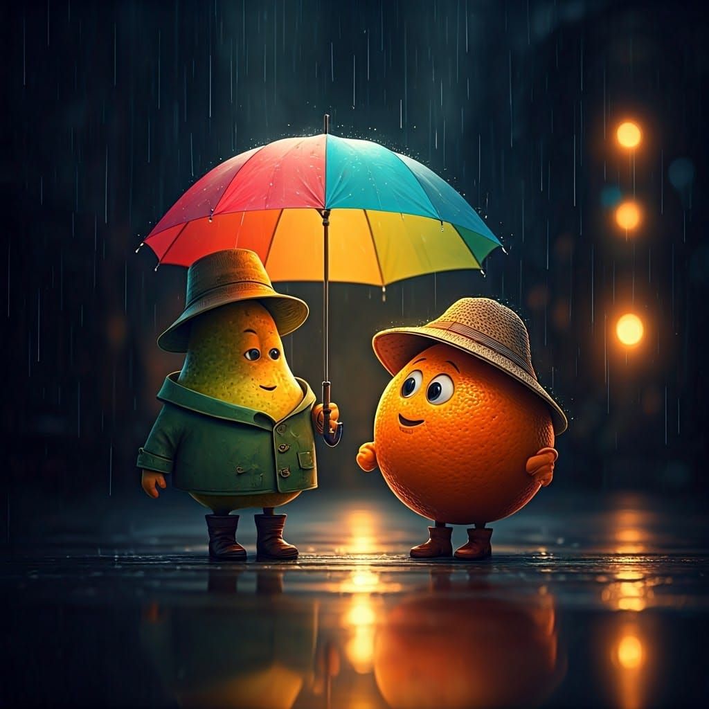 Whimsical Rainy Day Scene with Anthropomorphic Fruits