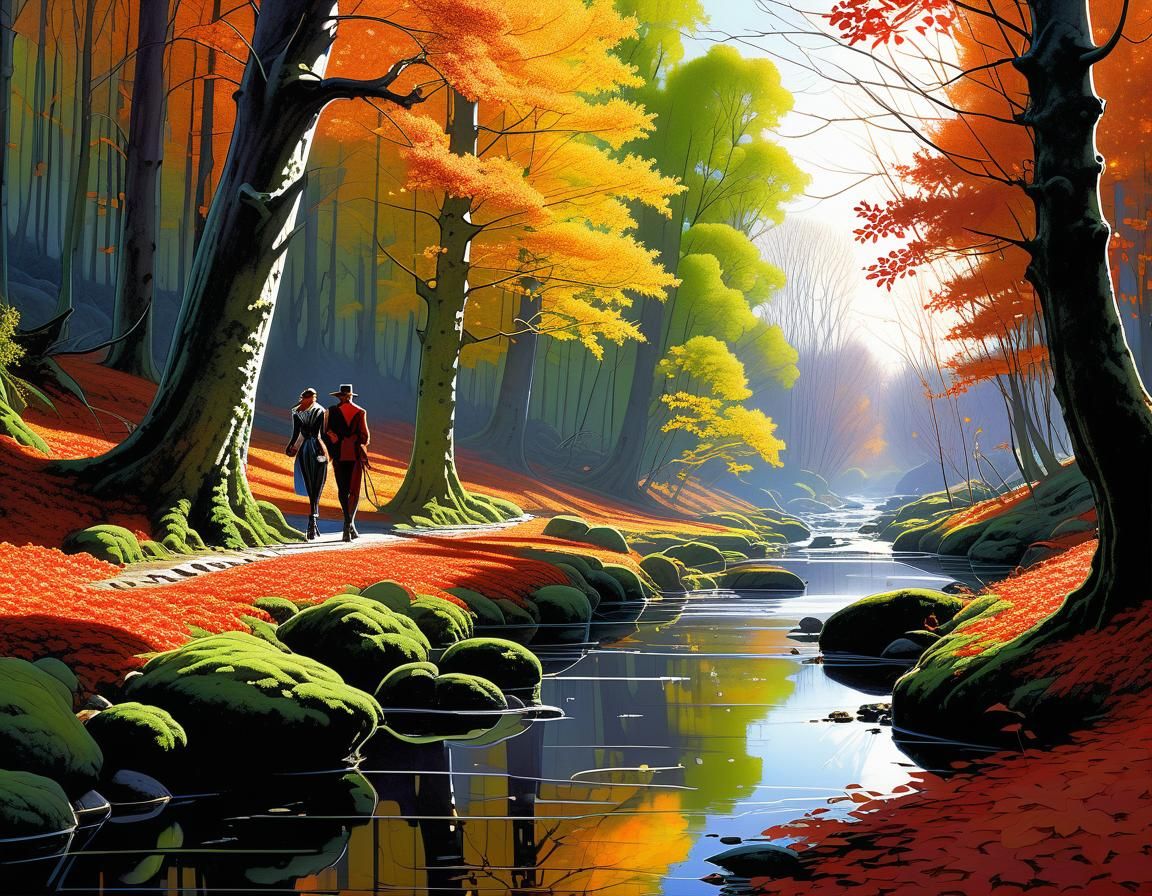 Autumnal Forest Stream Scene in Fantasy Art Style