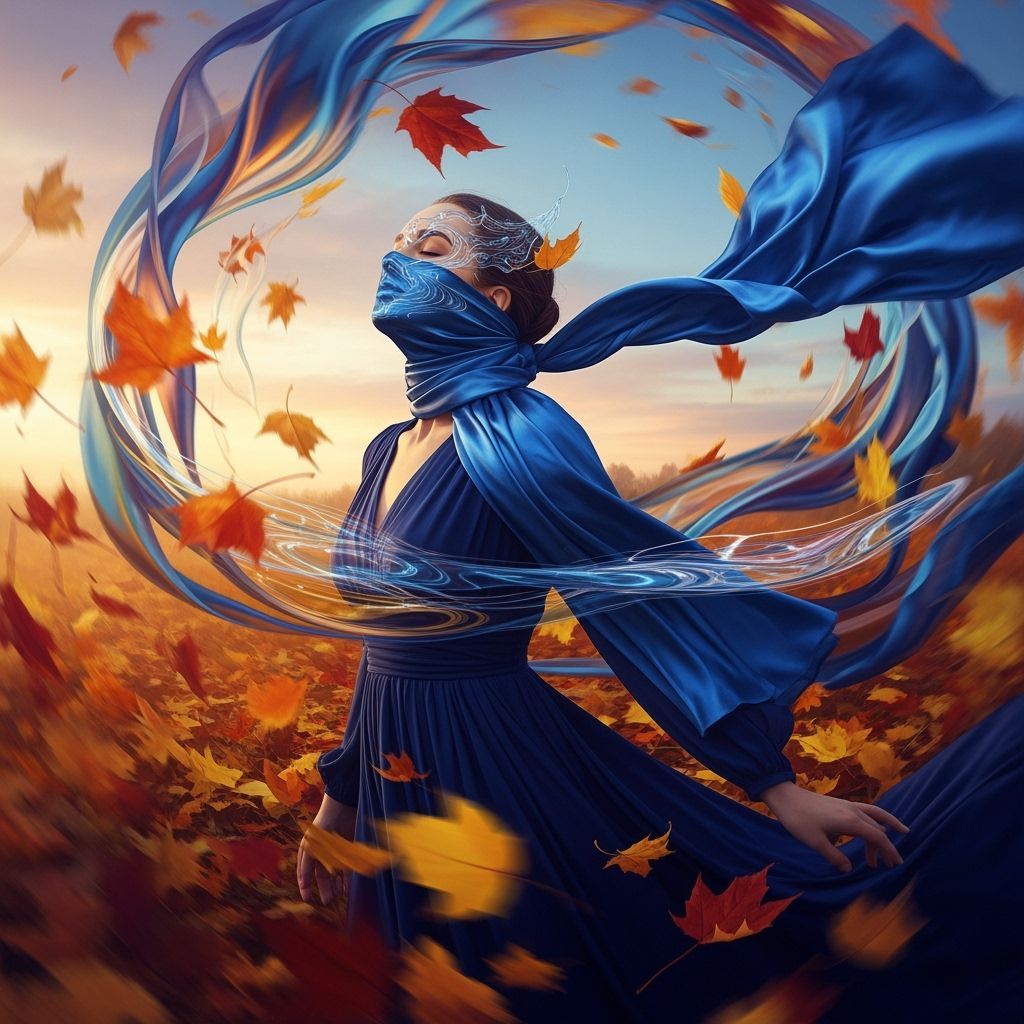 Surreal Woman With Transforming Scarf Mask In Autumn Leaves
