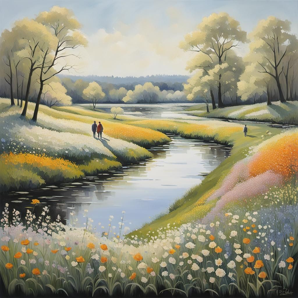 Spring Flowers Field with Children, Gouache Painting