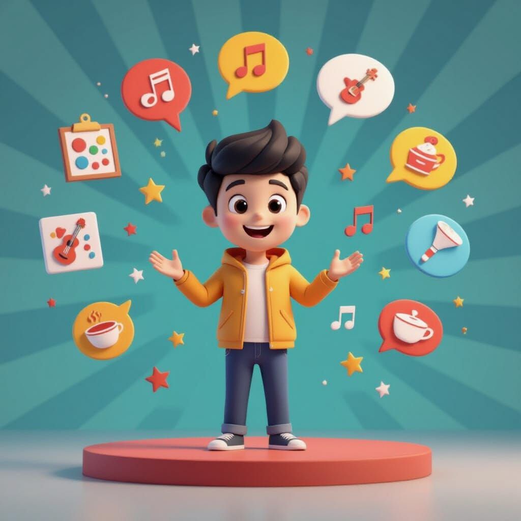 Young Speaker Surrounded by Activities: 3D Digital Art