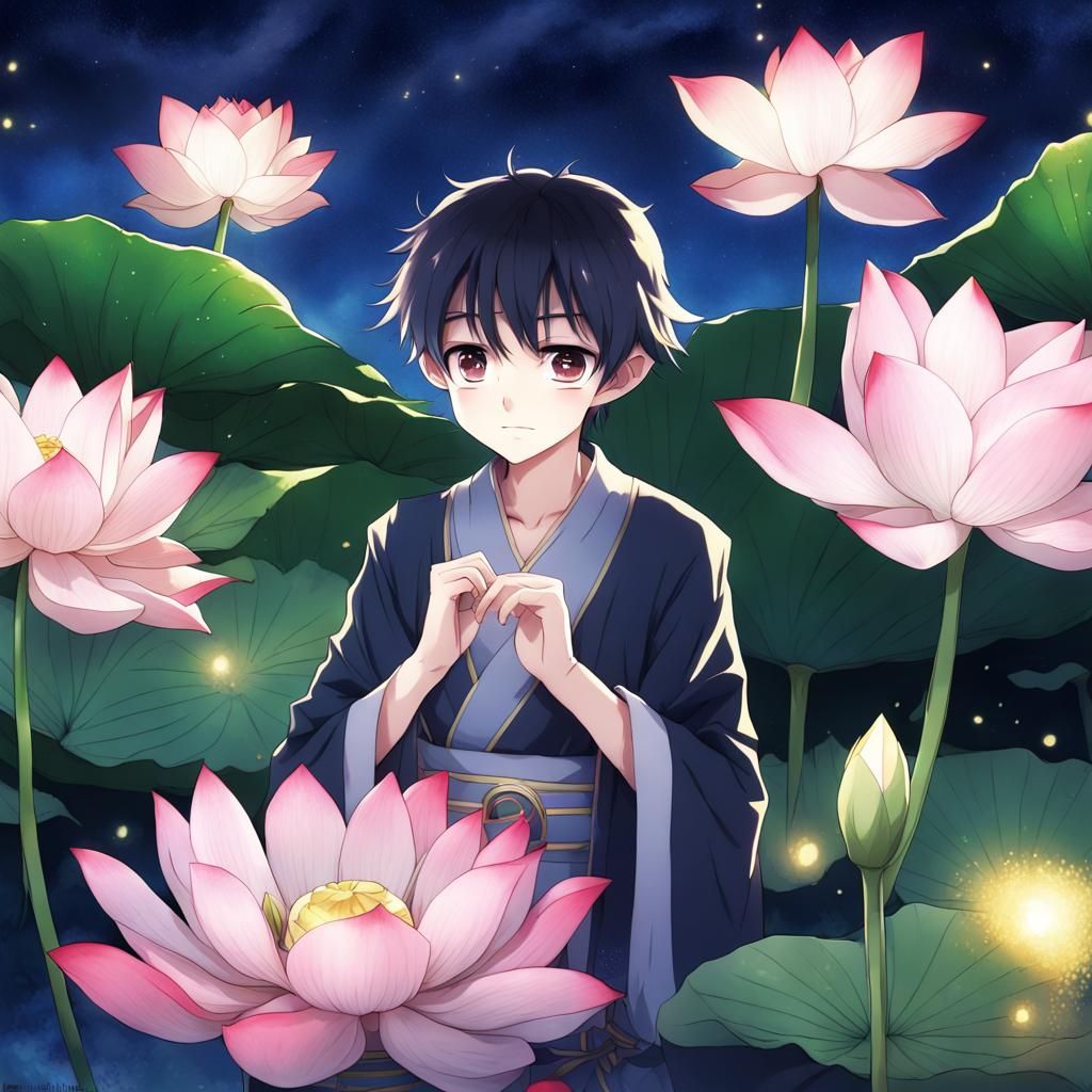 Anime-Style Lotus Flowers with Fairy and Boy
