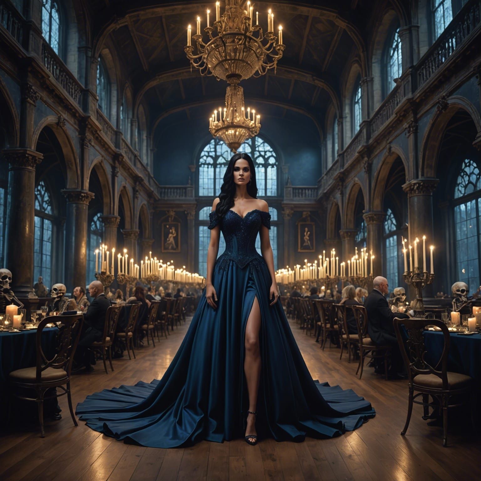 Elegant Woman at Skeleton Banquet: Dark Fantasy Art