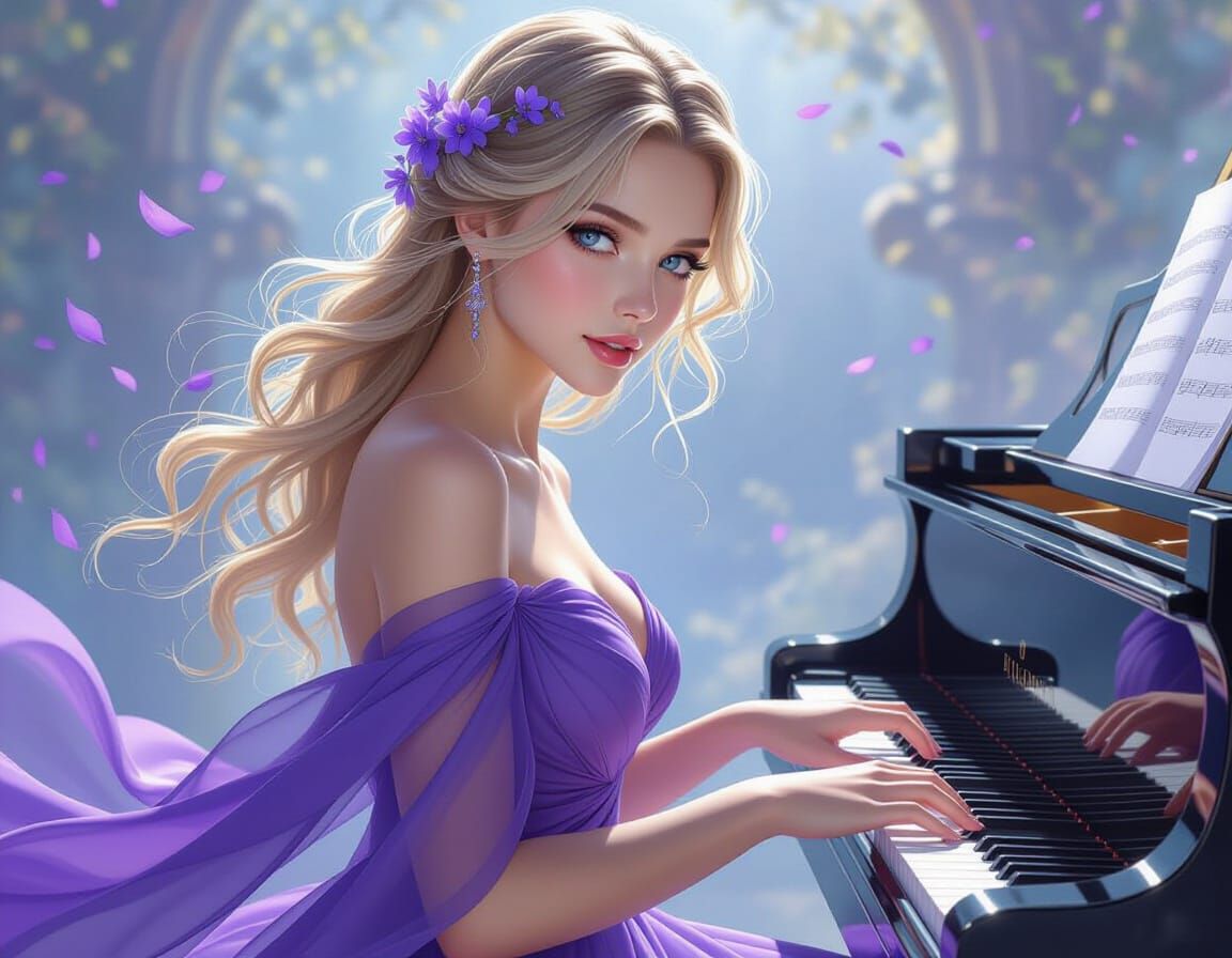 Ethereal Woman Portrait with Piano in Art Nouveau Style