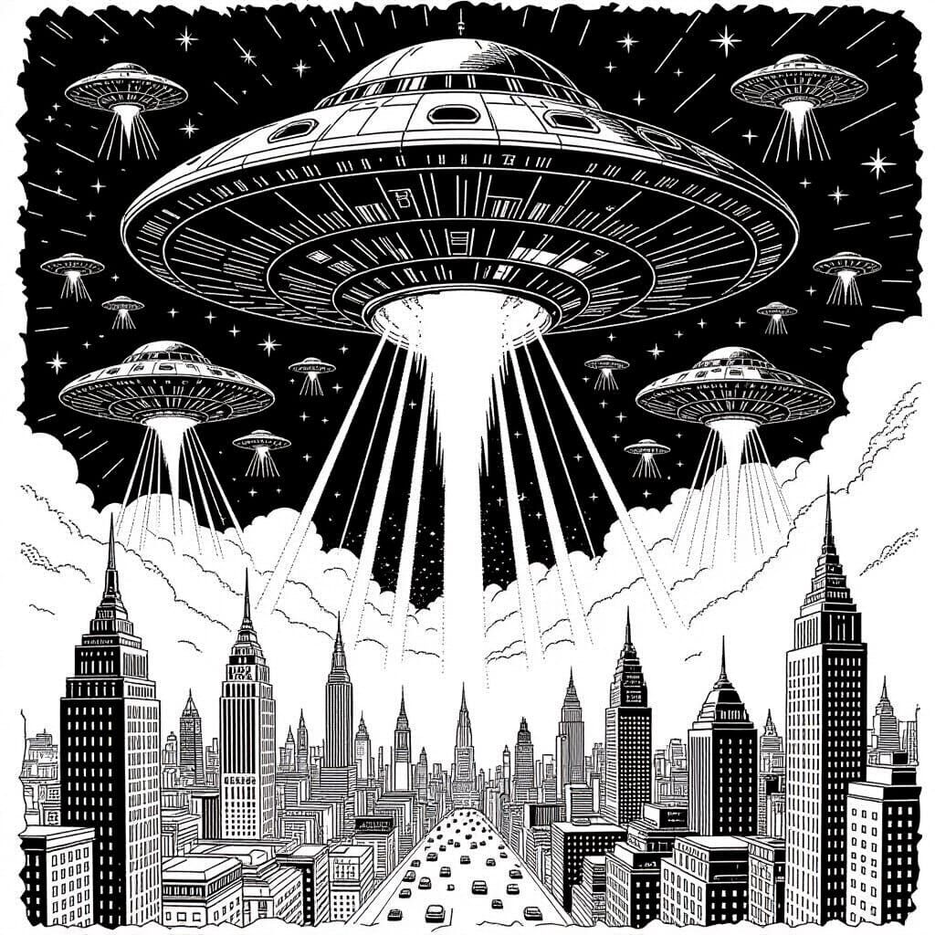 Detailed Alien Invasion Coloring Page with Intricate Linewor...