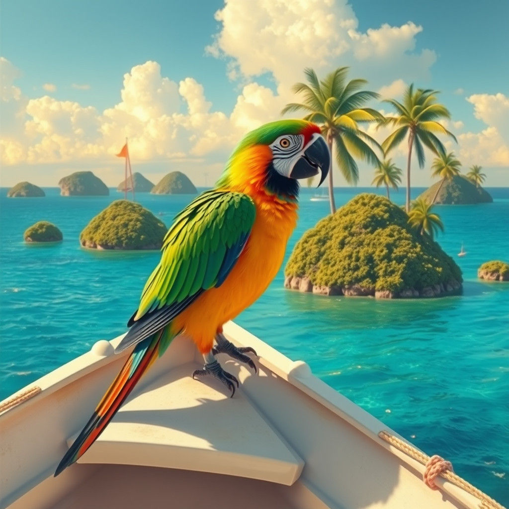 Parrot Captaining a Sailboat in Tropical Paradise
