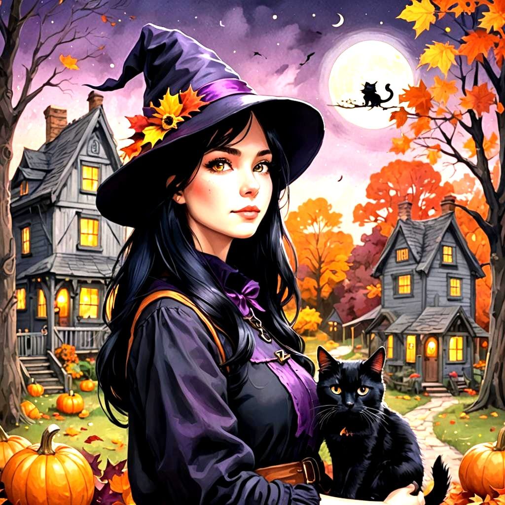 Charming Witch with Cat in Cartoon Style