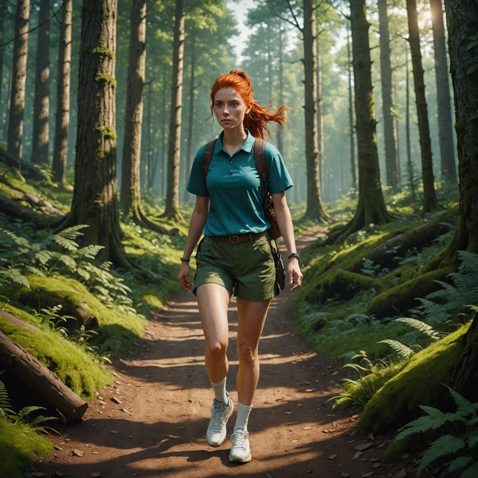 Young Woman Hiking in Forest: Matte Painting