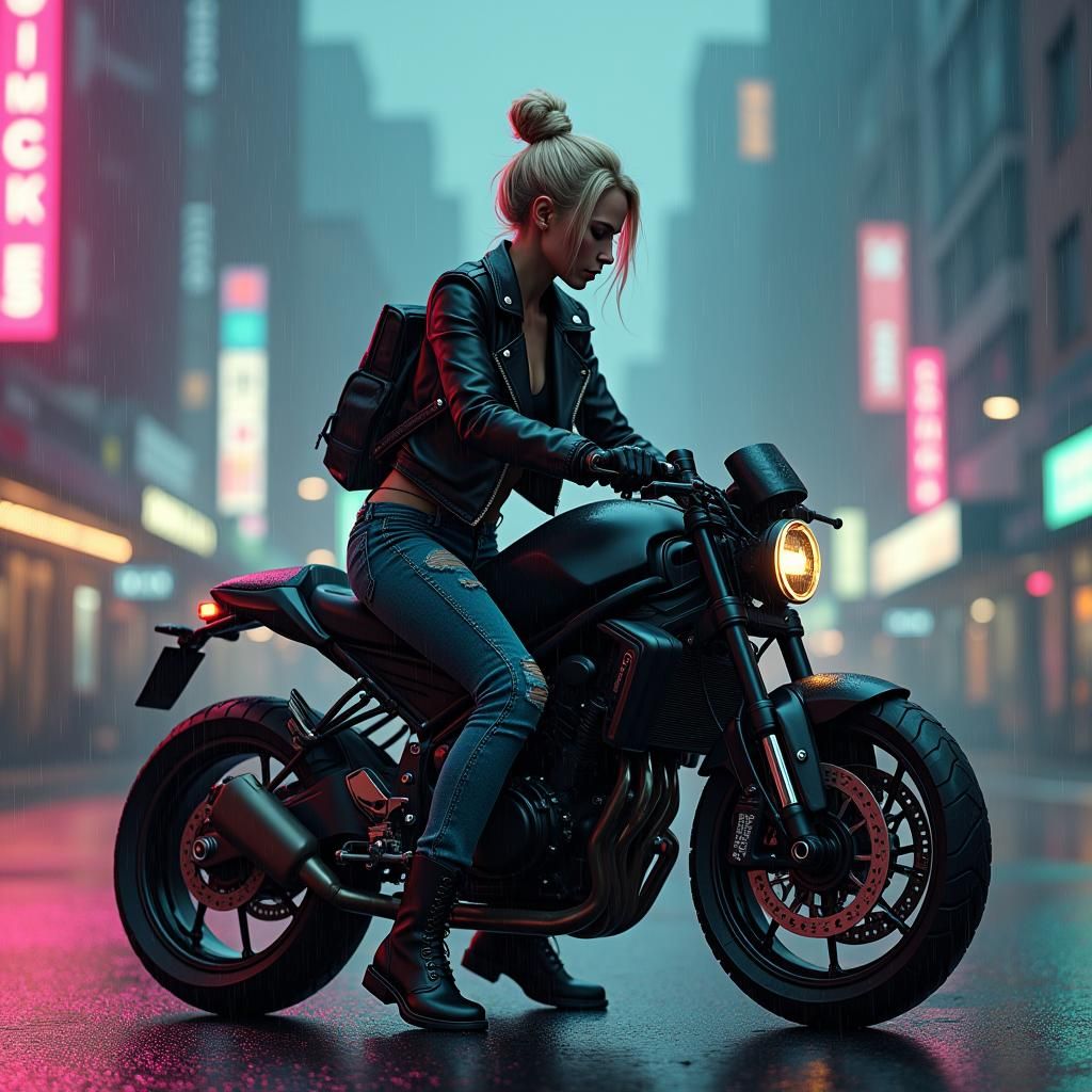 Girl on Motorcycle in Moody, Cinematic Cyberpunk Scene