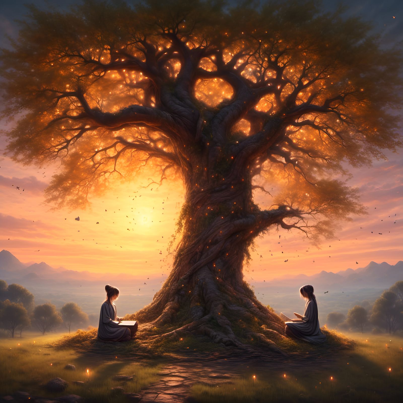 Meditating Under Oak Tree: Fantasy Landscape Art