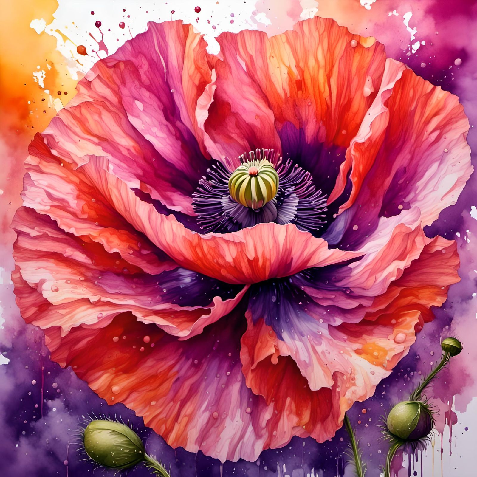 Colorful Poppy in Splashed Watercolor Style