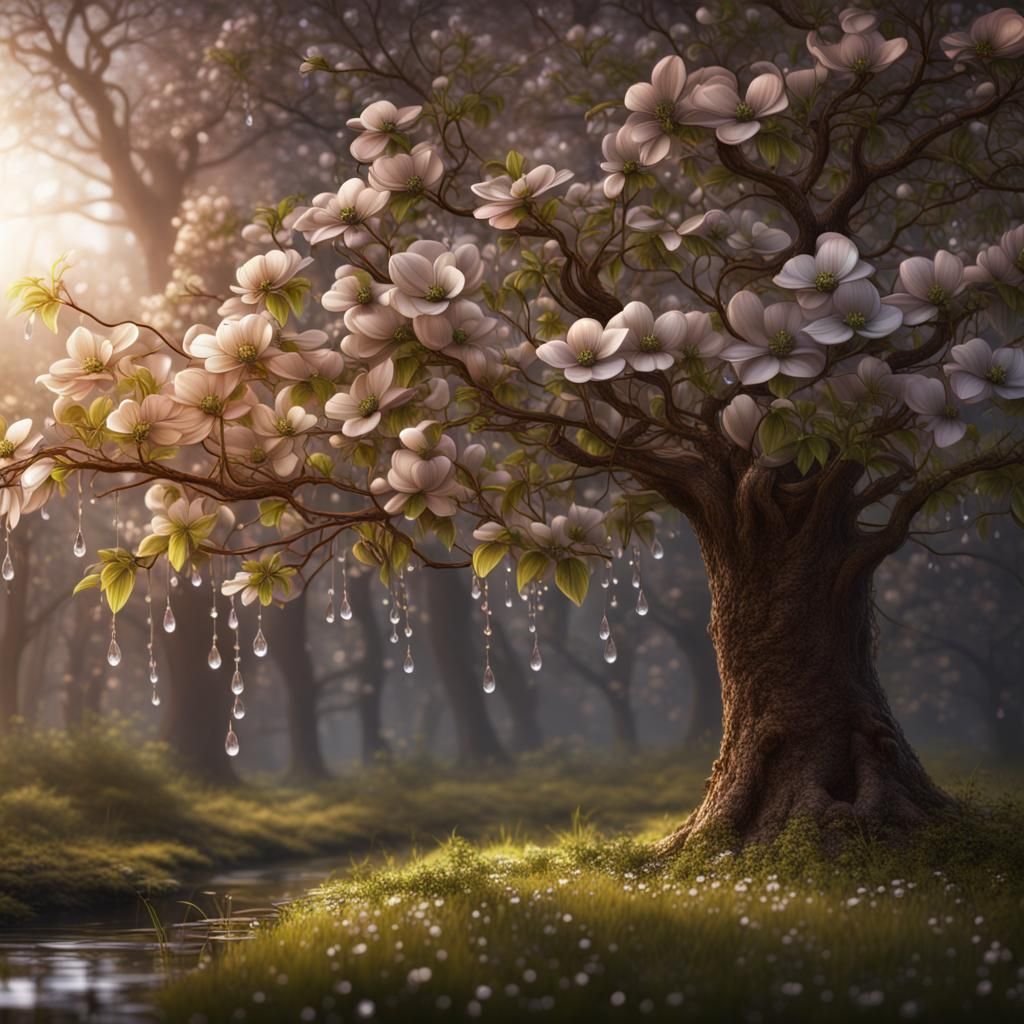 Dogwood Tree with Dewdrops: Fantasy Concept Art