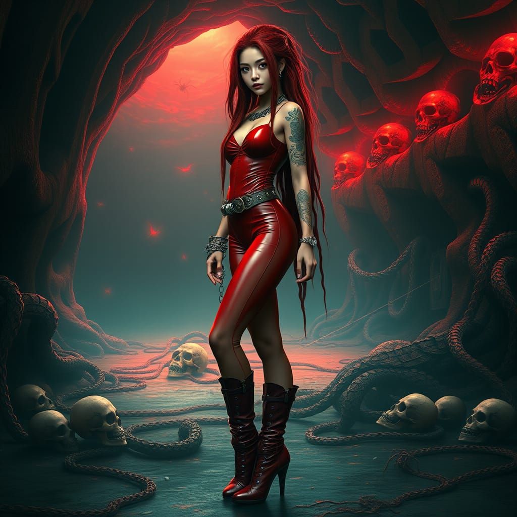 Waif-Like Asian Teenager in Crimson Latex Bodysuit with Red ...