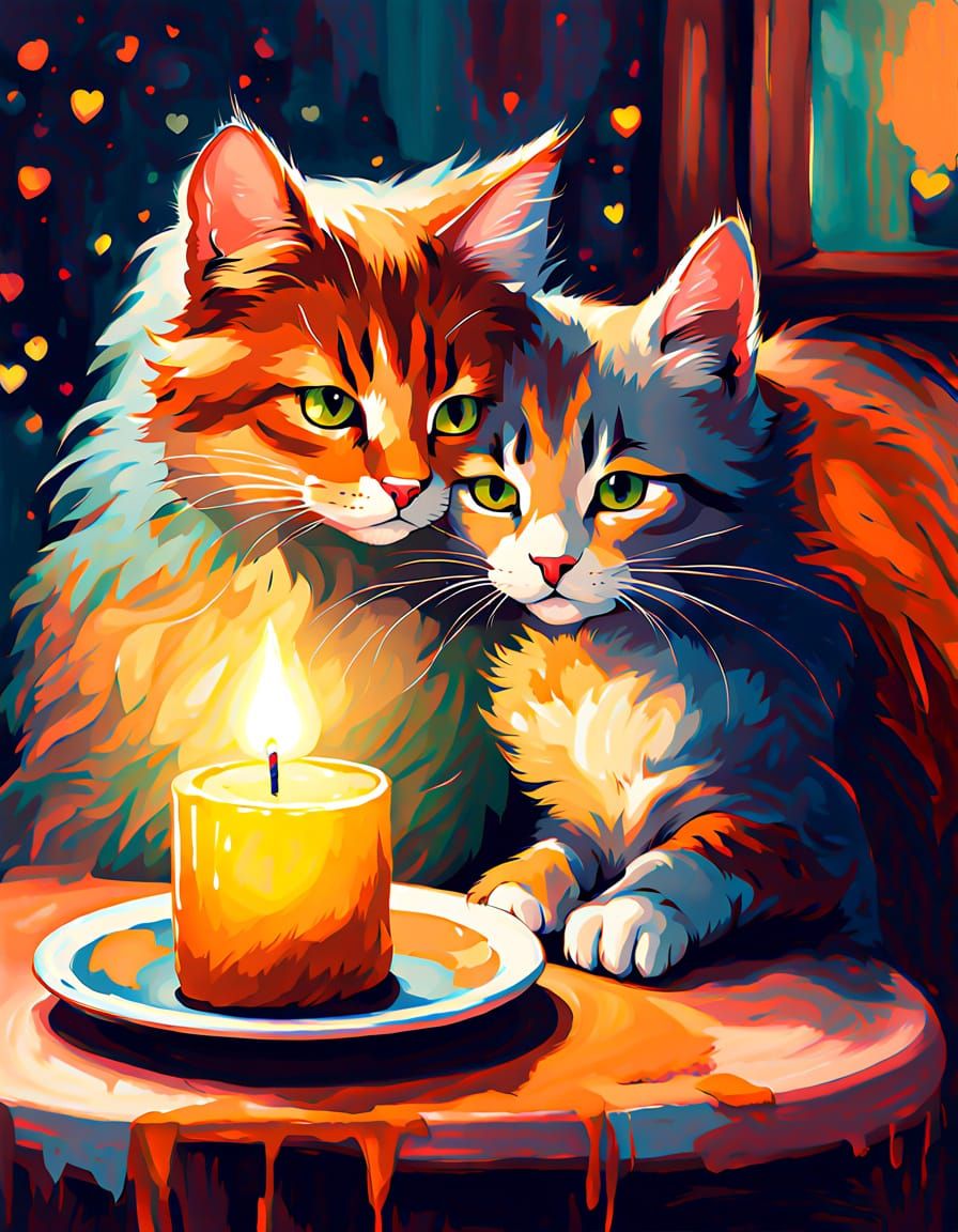 Whimsical Feline Romance in a Dreamy Candlelit Setting