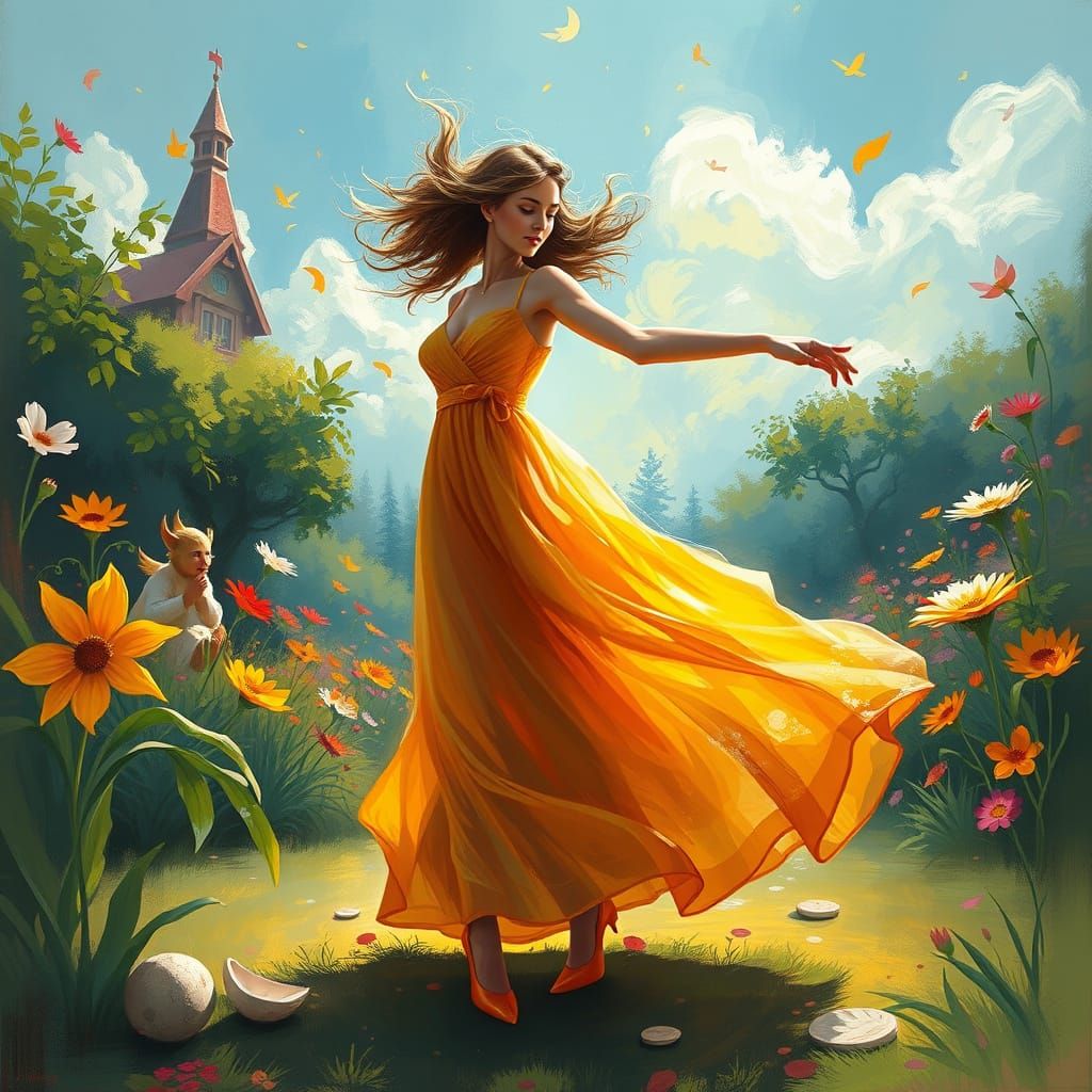 Whimsical Garden Dance: Flowing Dress, Vibrant Colors