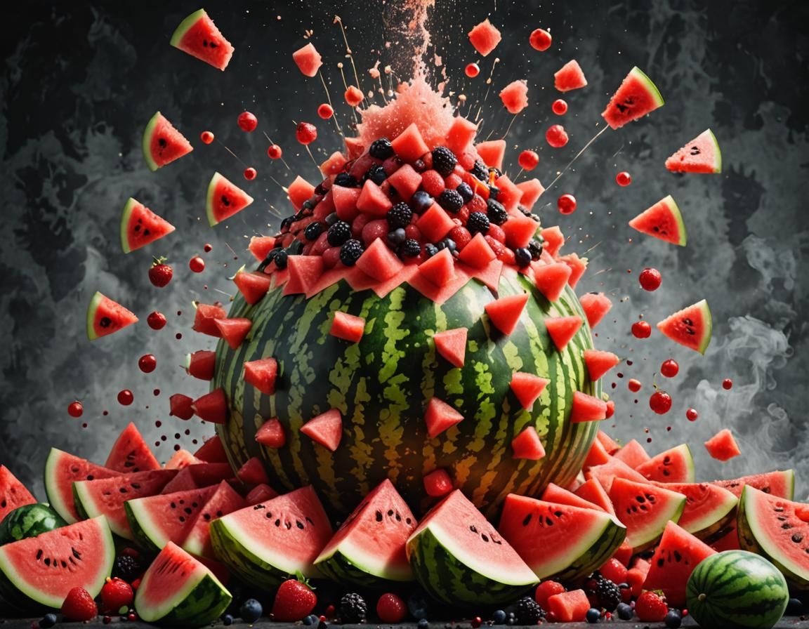 Watermelon Volcano Erupting Berries: Photorealistic Image