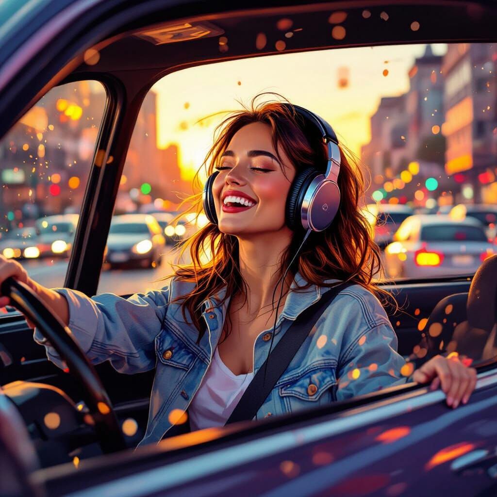 Woman Dancing in Car Traffic Jam at Sunset