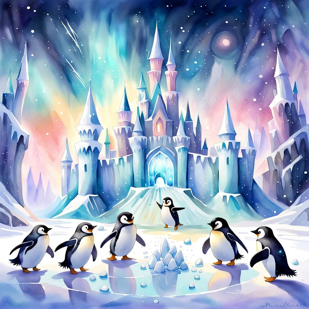 Penguin Snowball Fight at Ice Castle: Watercolor Painting
