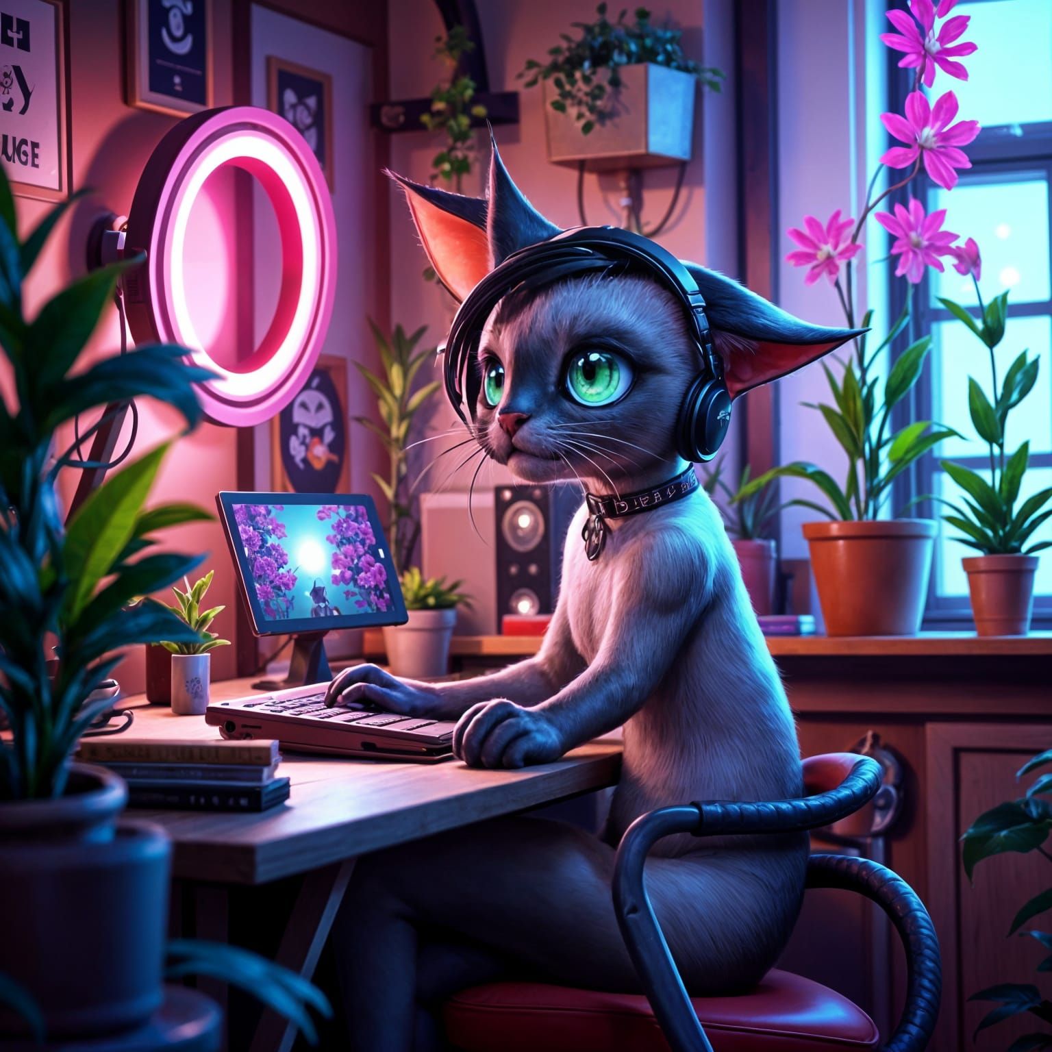 Gen Z Siamese Cat Influencer in Hyperrealistic Digital Art