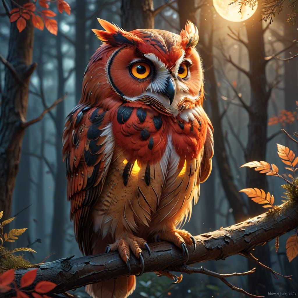 Red Owl Perched on Branch: Digital Art Illustration