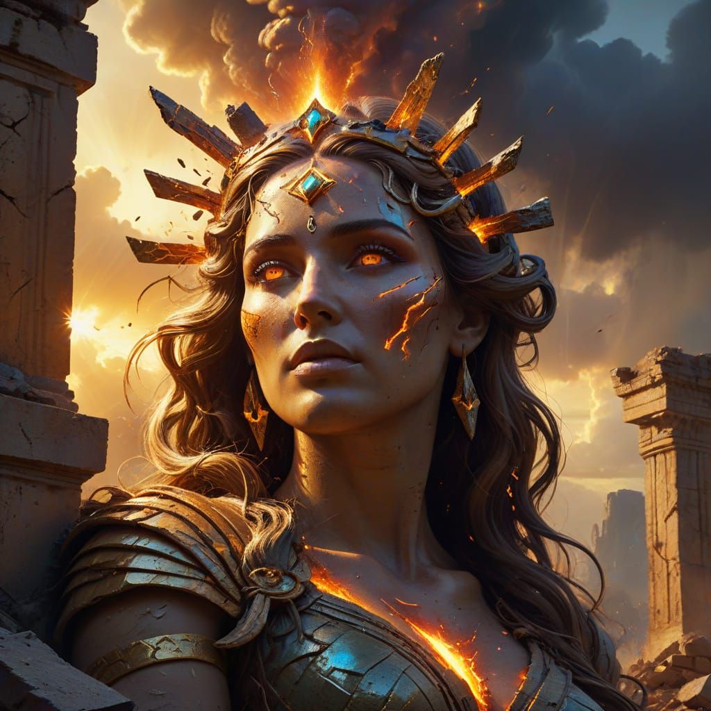 Goddess of Annihilation over Ruined City in Surreal Oil Pain...