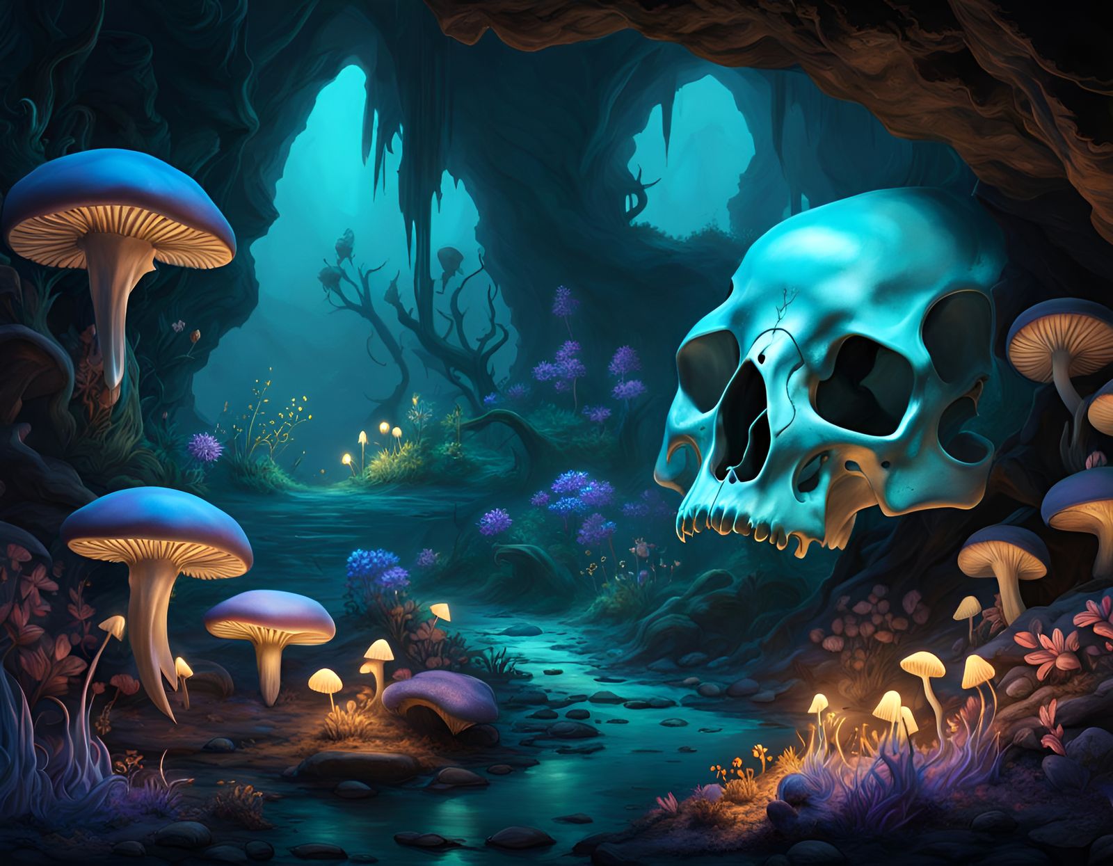 Bioluminescent Skull in Cave with Mushrooms